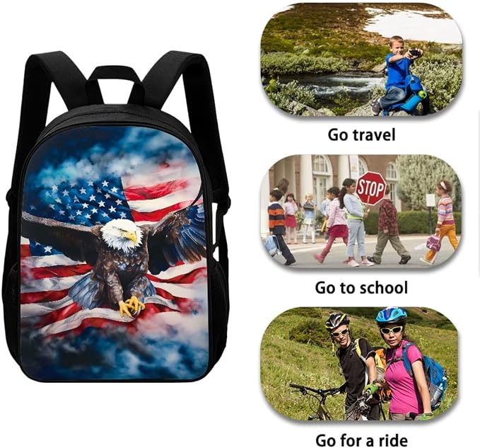 Mumeson Eagle Flag Kids Backpack for Boys Girls Preschool Backpack Schoolbag Lightweight School Backpack with Thermal Lunch Bag Box Portable Pencase Pencil Bag 3 Pieces - Image 4