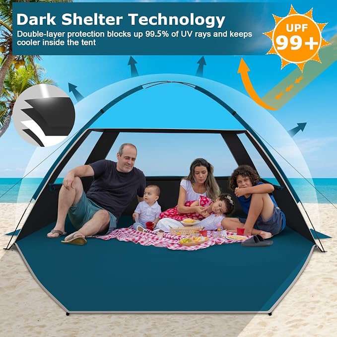 COMMOUDS Beach Tent Sun Shelter for 3/4/6/8 Person, UPF 50+ UV Protection Beach Shade Canopy Tent, Lightweight, Easy Set Up and Carry - Image 3