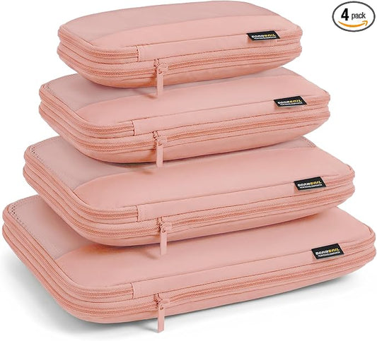 4 Piece Compression Packing Cubes for 3–7 Day Travel, Dusty Pink | Wrinkle-Resistant Memory Fabric, Breathable Mesh Panel, Double-Zipper, Small to Large Size Bag, Smart Organization by SOARSAIL
