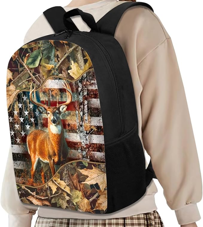 GIFTPUZZ Deer American Flag Backpack 17 Inch Set Boys | Camo 4-Piece Lunchbox Combo, Water Bottle Sleeve, 3rd Grade Back to School Book Bags, 8-10 - Image 3