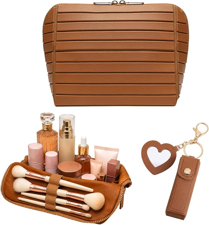 Large Capacity Travel Cosmetic Bag, Foldable Standing Makeup Organizer, Waterproof PVC Makeup Bag with Adjustable Dividers, 27 Pockets and 3 Makeup Brush Slots for Travel Home. (Brown) by Unknown