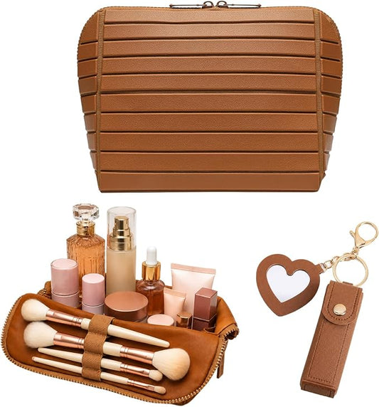 Large Capacity Travel Cosmetic Bag, Foldable Standing Makeup Organizer, Waterproof PVC Makeup Bag with Adjustable Dividers, 27 Pockets and 3 Makeup Brush Slots for Travel Home. (Brown) by Unknown