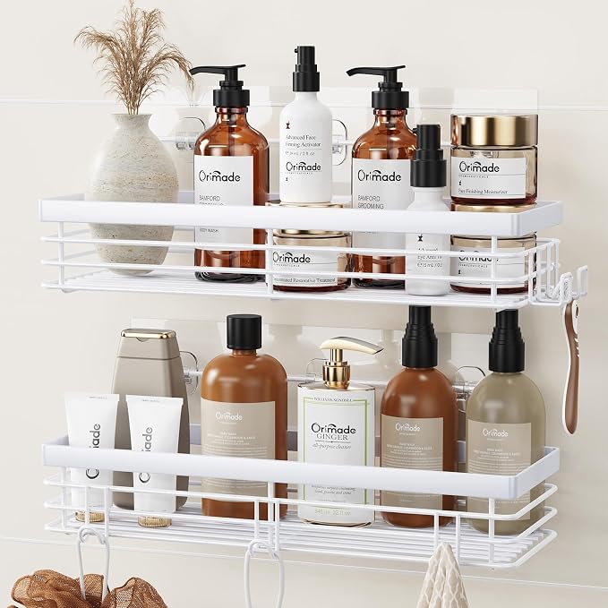 Orimade Shower Caddy with 5 Hooks for Hanging Razor and Sponge Adhesive Shower Shelf Basket Bathroom Storage Organizer Kitchen Rack No Drilling Stainless Steel Rustproof - 2 Pack,White by Orimade