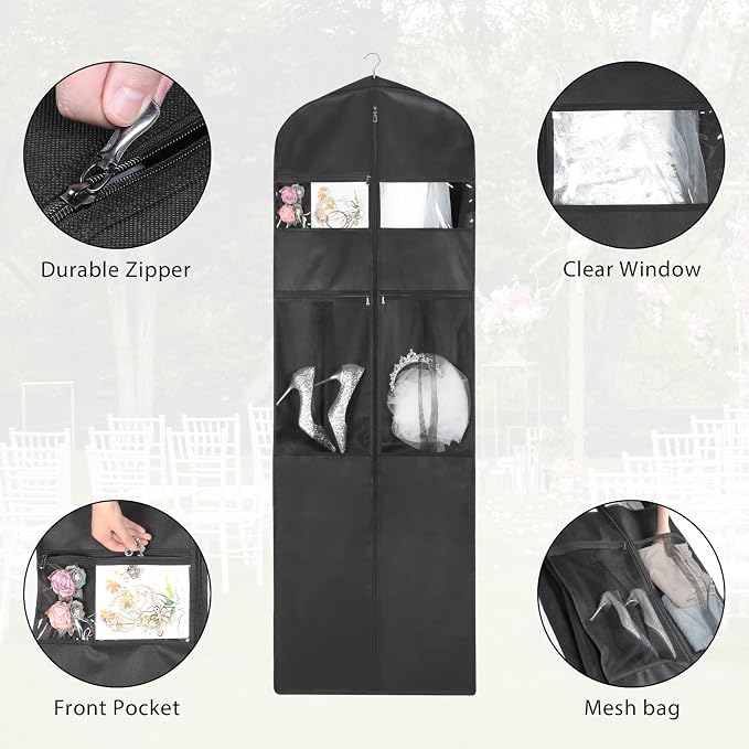 Zilink 72" Wedding Dress Garment Bag Dress Bags for Gowns Bridal Dress Travel Bag with 12”Gusseted and Accessory Pockets for Wedding Dress, Puffy Gowns [Upgraded Version] - Image 3