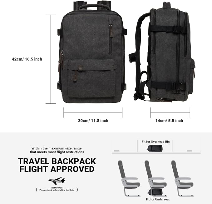 KAUKKO Canvas Travel Backpack, Personal Item Airline Approved, Carry On Backpack with Multi-Pockets and Shoe Pouch, fit 15.6 inch Laptop, 40L Weekender Bag, 11-BLACK - Image 2