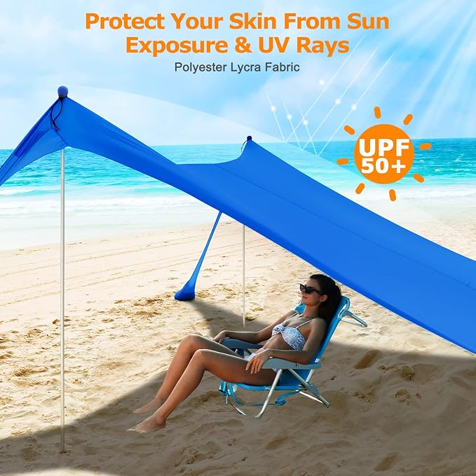 COMMOUDS Beach Tent Sun Shelter - UPF50+ Pop Up Beach Canopy with Sandbags & Sand Shovel & Windproof Poles, Portable Sun Shade for Beach, Camping, Picnics, Backyard - Image 3