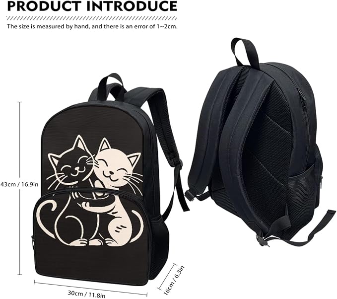 Cartoon Cat Black Backpacks for Boys Girls School Bookbag Kids Daypack Insulated Lunch Tote Bag Pencil Pen Case Water Bottle Cup Cover for Travel Office Hiking Work Camping, 4 Piece - Image 2