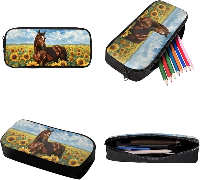 Fashion Backpack Set Sunflower Horse Print Large Capacity Schoolbag Lunch Box Pencil Case 17 Inch Travel Laptop Backpacks Lightweight Rucksack Casual Daypack for Camping - Image 6