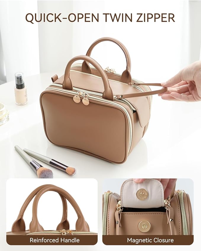 Prite Travel Makeup Bag Women’s Large Capacity Waterproof Cosmetic Organizer Portable Open Flat Toiletry Case with Free-standing Brush Holder and Handle(Brown Large) - Image 5