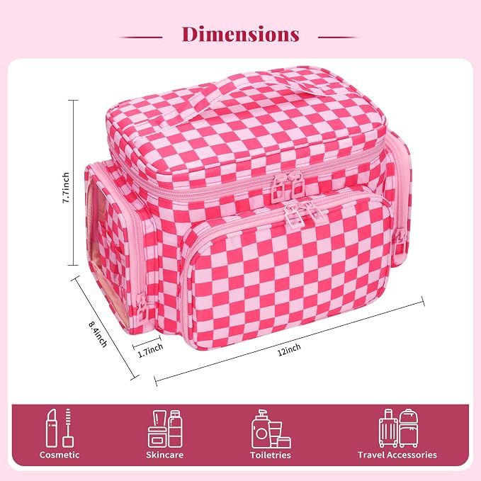 Bagmoly Large Checkered Makeup Bag, Travel Makeup Bag Organizer for Women Girls with Makeup Brush Compartment & Two Side Pockets, Cosmetic Travel Bag Vertical Storage Toiletry Bag- Hotpink - Image 6