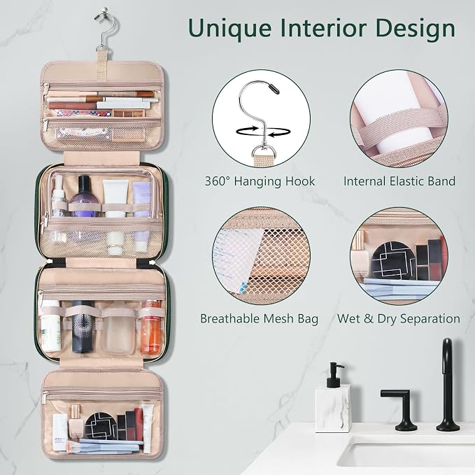 Wedama Toiletry Bag for Women, Hanging Travel Toiletry Bag with Jewelry Organizer Compartment Large Makeup Bag, PVC Waterproof Cosmetic Travel Bag Trips Camping Bathroom, Dark Green - Image 5