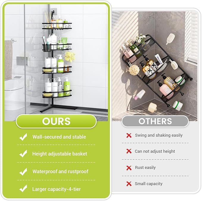 Aitatty Corner Shower Caddy Standing: 4-tier Rustproof Shower Organizer Shelf - Floor Shower Corner Shelf for Bathroom, Renters, Apartment & Dorm - Image 3