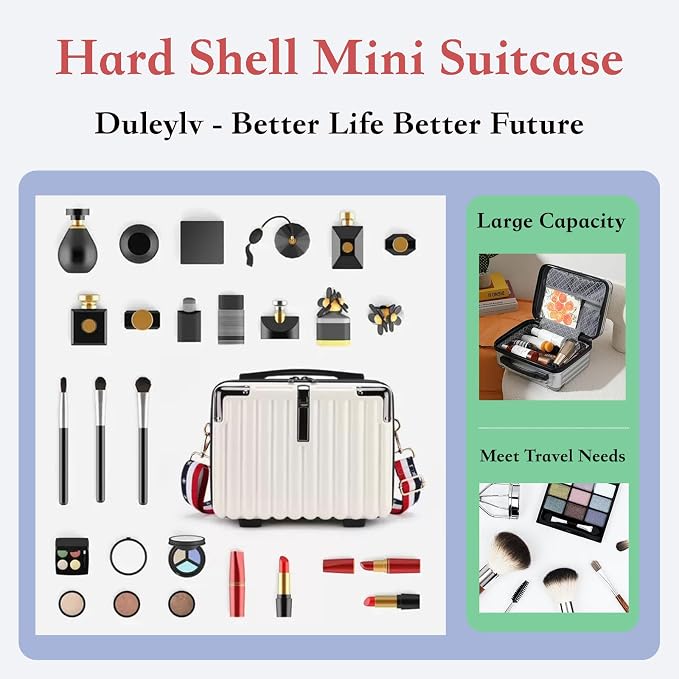 Mini Suitcase Hard Shell Makeup Case Stress-Resistant ABS Hard Makeup Travel Case Portable Hand Luggage with Shoulder Strap for Travel Camping Home Organizer White - Image 2