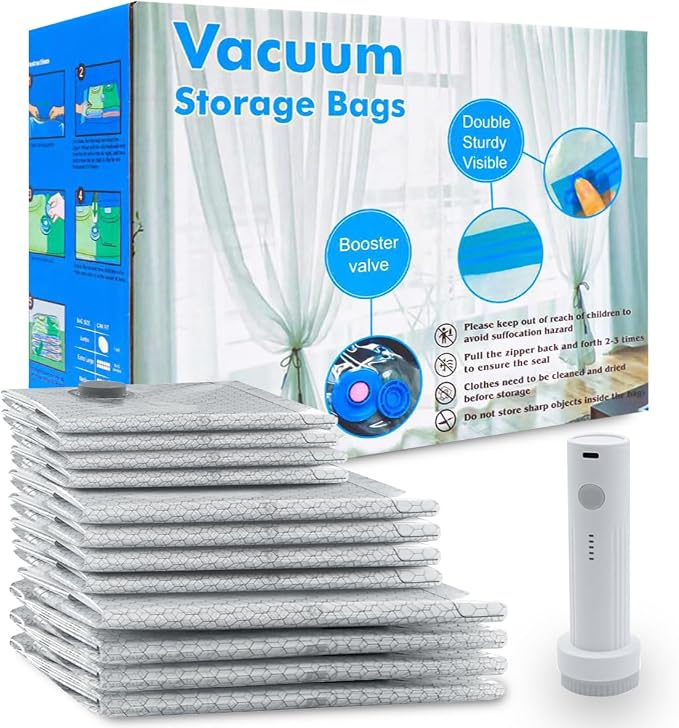 Vacuum Seal Bags 12-Pack with Wireless Pump, 4 Large/4 Medium/4 Sizes, Reusable Storage for Clothes Travel, Luggage & Suitcases, Portable Space Saver by Unknown