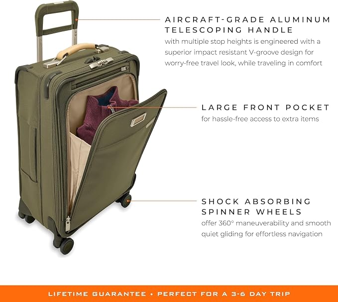 Briggs & Riley Essential 22" Carry On Expandable Spinner - Luggage for Travel, Suitcases with Wheels, Softside Rolling Bag for Men & Women, Self-Repairing Zipper - Baseline Collection, Olive - Image 8