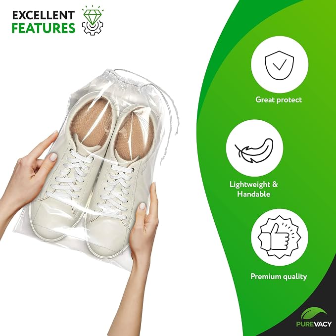 Clear Drawstring Bags, 9 x 12 Inch Plastic Shoe Bags with Cotton Drawstrings, Pack of 50 for Travel Storage and Packaging - Image 4