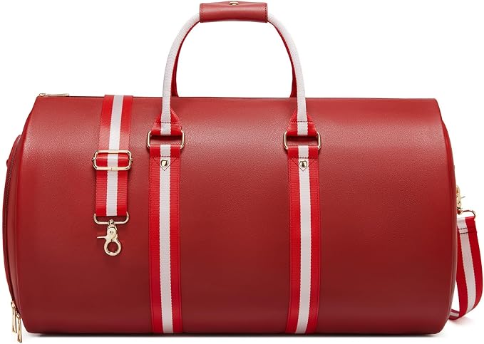 Leather Garment Bags for Travel, Convertible Carry on Garment Duffel Bag for Women, 2 in 1 Waterproof Foldable Travel Suit Bag with Shoulder Strap Weekender Bag with Shoe Pouch, Red by SSWEISIKER
