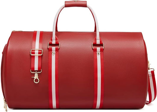 Leather Garment Bags for Travel, Convertible Carry on Garment Duffel Bag for Women, 2 in 1 Waterproof Foldable Travel Suit Bag with Shoulder Strap Weekender Bag with Shoe Pouch, Red by SSWEISIKER