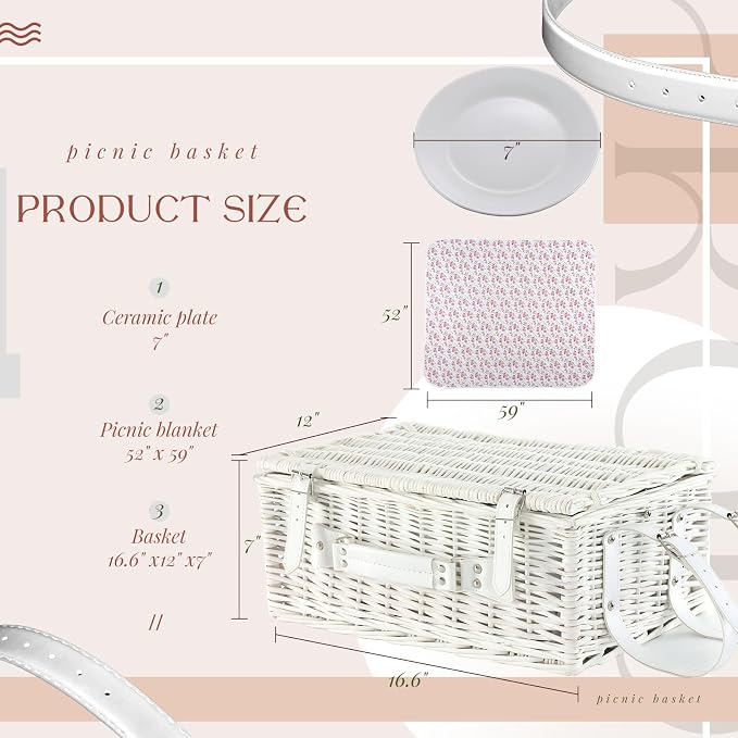 Picnic Basket Set for 4 with Waterproof Blanket Mat Insulation Bag Wicker Pink White Floral Classic Fresh Gift for Christmas Thanksgiving Wedding Birthday Camp Outdoor Beach Travel - Image 3