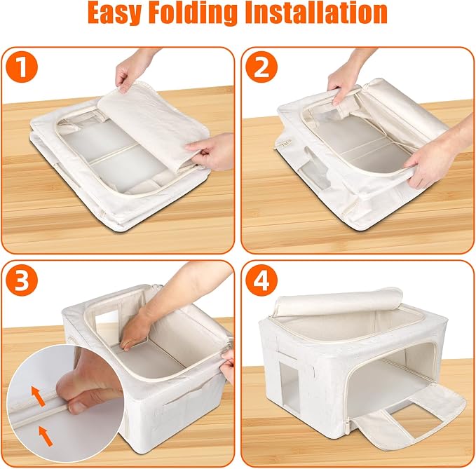 Foldable Clothes Storage Bins with Solid core powder-coated steel fram, 24/ 66L Storage Bags Fabric Box Organizer with Clear Window Zippers Sturdy Handles 2 Pack (Beige, 24L 2Pack) - Image 4