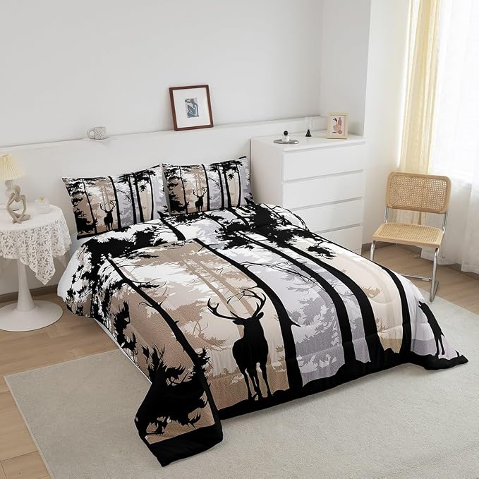 Erosebridal Rustic Deer Comforter Sets for Kids Boys Girls,Vintage Elk Antlers Duvet Insert Twin,Watercolor Trees Landscape Bedding Set,Woodland Animal Wolf Moose Quilt Comforter with 1 Pillowcase - Image 2