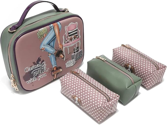 Nicole Lee Travel Handbag Crossbody Set with 3 Fashion Print Makeup Pouches, Women's Cosmetic Toiletry Organizer (Casual Walk) by NicoleLee