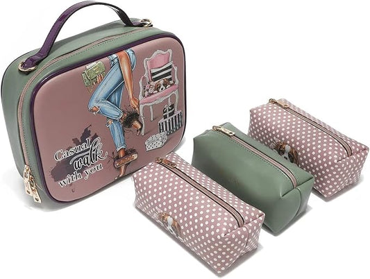 Nicole Lee Travel Handbag Crossbody Set with 3 Fashion Print Makeup Pouches, Women's Cosmetic Toiletry Organizer (Casual Walk) by NicoleLee