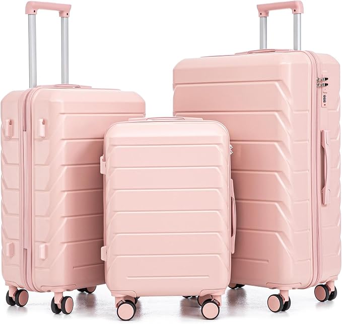 Hardside Luggage Sets, Lightweight Stripes Suitcase with Spinner Wheels, Pink-220 by Merax