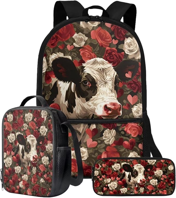 Retro Rose Cow Print Backpack Set for Student Schoolbag Large Capacity Bookbag Lunch Box Pencil Case 17 Inch Travel Laptop Backpacks Fashion Rucksack Lightweight Daypack by ZIATUBLES