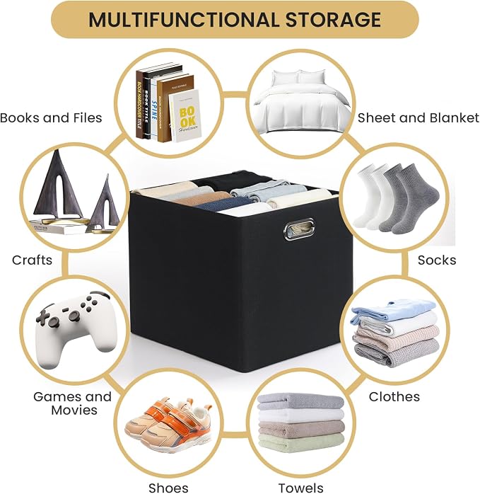Posprica 3X Thicker Collapsible Storage Bins,13×15x13 Foldable Storage Cube Boxes Fabric Drawer for Closet Shelf Cabinet Bookcase, set of 4 (Pure Black) - Image 6