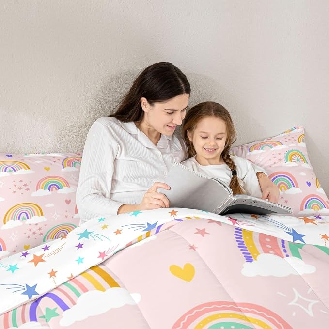 Erosebridal Girls Rainbow Bedding Set, Love Heart Comforter Set Twin Size for Kids Boys Children Cartoon Girly Bedding Comforters Iridescent Soft Microfiber Duvet Insert for Bedroom Decor, Pink - Image 5