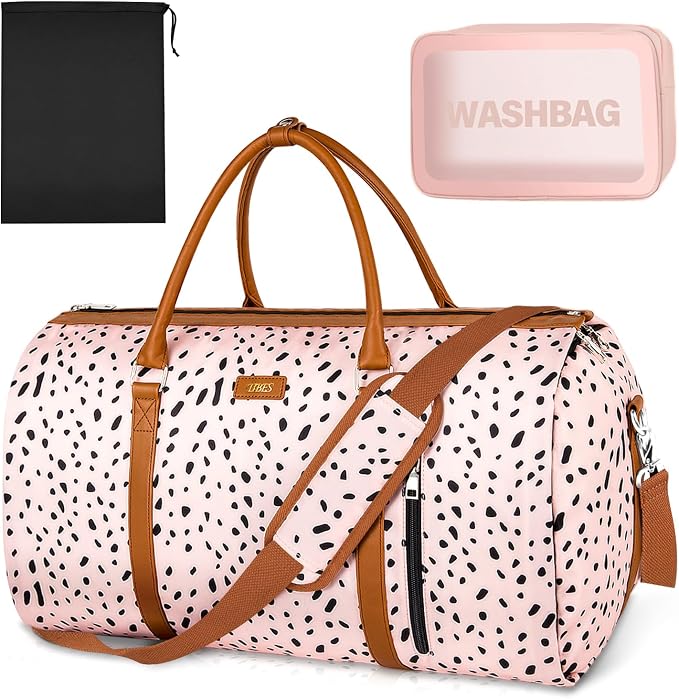 Convertible Garment Duffle Bags for Travel - Carry On Garment Bags With Toiletry Bag, Large Weekender Bags for Women Men 2 in 1 Hanging Suitcase Suit Travel Duffel Bags (Pink Leopard) by TIBES