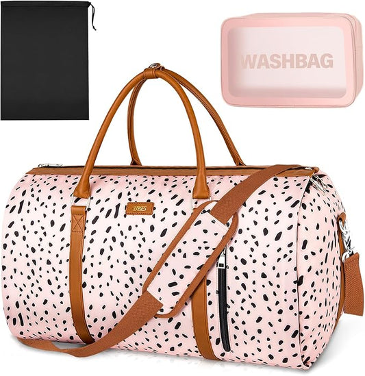 Convertible Garment Duffle Bags for Travel - Carry On Garment Bags With Toiletry Bag, Large Weekender Bags for Women Men 2 in 1 Hanging Suitcase Suit Travel Duffel Bags (Pink Leopard) by TIBES