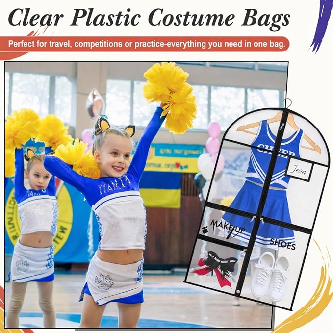 FoldTier 2 Pcs Cheer Garment Bags for Cheerleading Uniform 40 Inch Clear PVC Waterproof Cheer Uniform Bag with 3 Zipper Pockets for Dancers Competitions, Travel, Hanging Clothes, Black Edge - Image 5