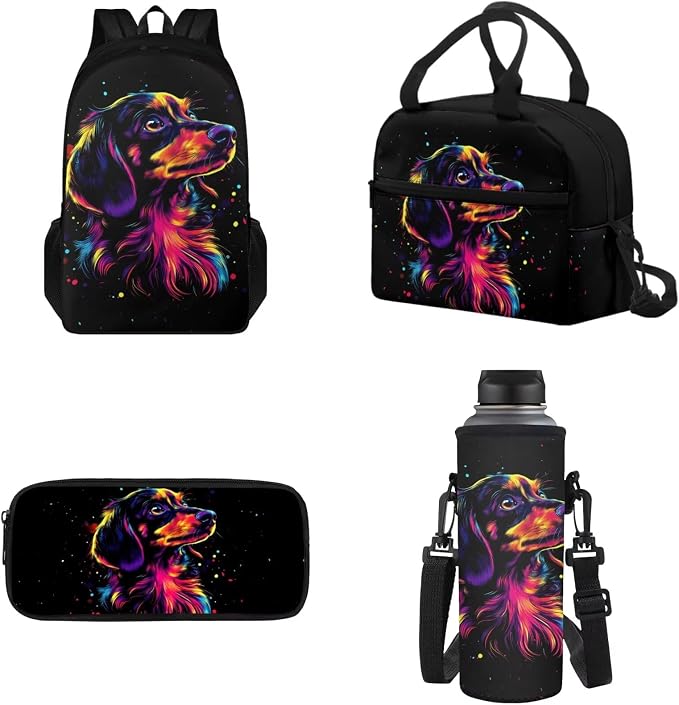 School Backpack 4 Pcs Set Include Insulated Lunch Bag and Pencil Box and Water Bottle Bag, Dachshund Painting School Bookbag Outdoor Travel Bags Casual Daypack for Teens by Tomeusey