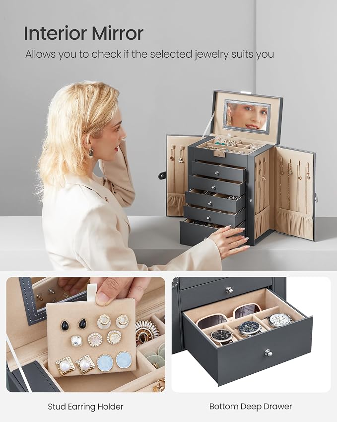 SONGMICS 6-Layer Jewelry Box Organizer with 5 Drawers, Jewelry Storage Case with Lock and Mirror, Large Storage Capacity, Gift for Loved Ones, for Necklaces, Watches, Gray UJBC152G01 - Image 5
