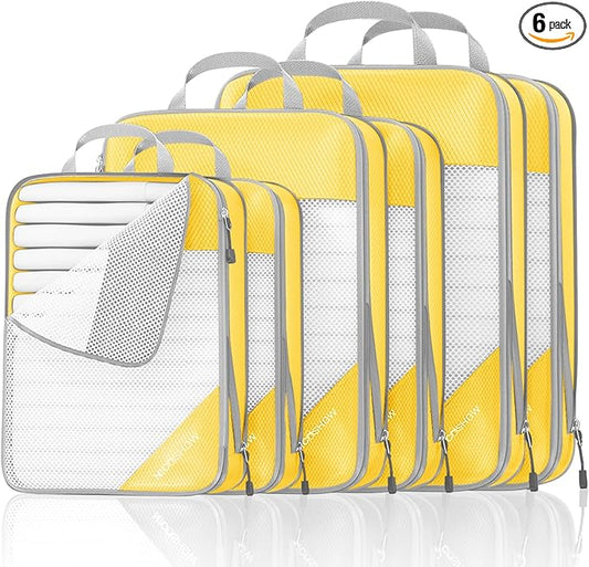 Compression Packing Cubes 6 Set, Compressible Space-Saving Packing Cubes for Travel - Compression Bags, Luggage Organizer, Travel Essentials for Women, Golden Yellow by NICOSHOW