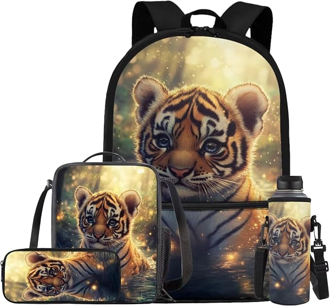 Cute Tiger Backpack for Girls Boys Backpack with Lunch Box Water Bottle Holder with Strap and Soft Pencil Case 4PCS Set Bookbag with Front Pocket 17 inch Sturdy Elementary School Bag for Kids by ELEDIZI