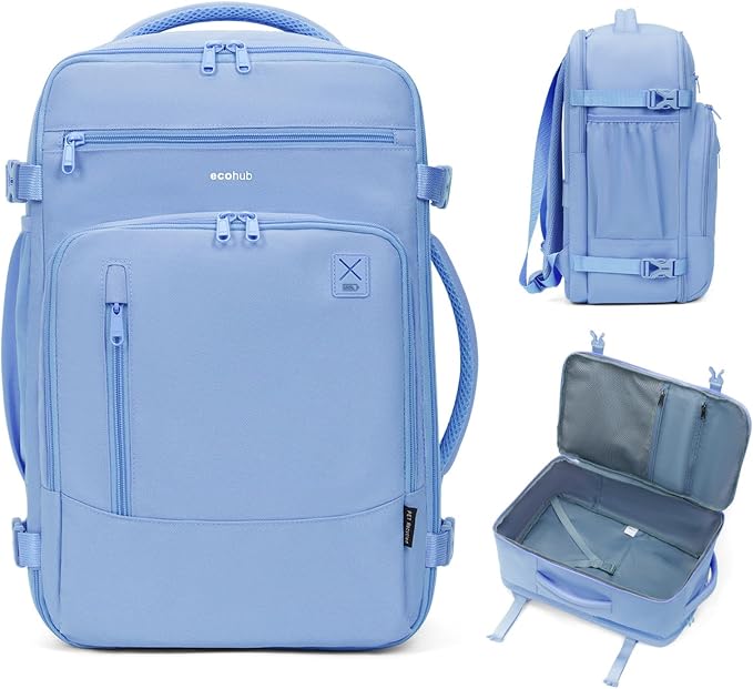 ECOHUB 17" Small Travel Backpack, United Airlines Personal Item Bag 17x10x9 with 16 Pockets, Water Resistant Rucksacks Fit 15.6" Laptop, AirTag Pocket, Lightweight Casual Daypack, 25L, Light Blue by ECOHUB