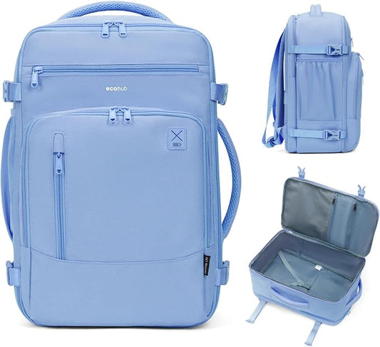 ECOHUB 17" Small Travel Backpack, United Airlines Personal Item Bag 17x10x9 with 16 Pockets, Water Resistant Rucksacks Fit 15.6" Laptop, AirTag Pocket, Lightweight Casual Daypack, 25L, Light Blue by ECOHUB