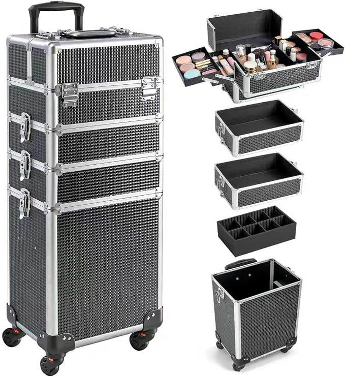 SHOWERSAFE 4 in 1 makeup train case - Professional cosmetology case on wheels, Large Transformable Makeup Train Case & Barber Case, Portable rolling makeup case & Makeup Cart, Black by Safeshower