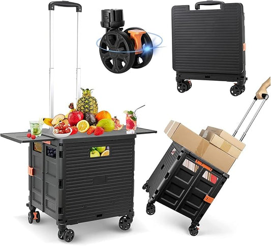 FELICON SELORSS Folding Utility Cart Portable Rolling Crate Handcart-Black | Magnetic Sliding Lid,Telescoping Handle,Plastic Box Dolly,360°Swivel Wheels for Travel Shop Move Laundry Office Teacher Use by FELICON