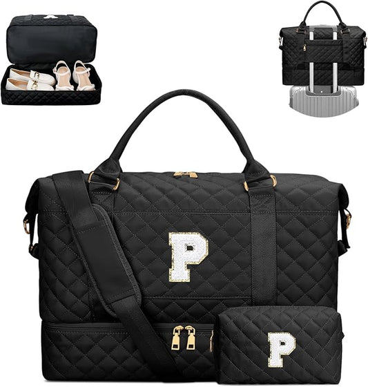 Gifts for Mom for Daughter Birthday Initial Travel Duffle Bag Quilted Weekender Bags Carry-On Overnight with Makeup Bag, Gym Bag with Shoe Compartment, Black P by Unknown