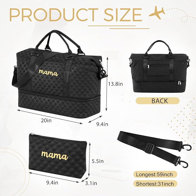 Dansydaisy Mama Hospital Bag for Women Labor Delivery Travel Duffle Bag with Shoe Compartment and Toiletry Pouch Waterproof Letter Embroidered for Pregnancy Weekender Overnight Gym Gift, Black - Image 2