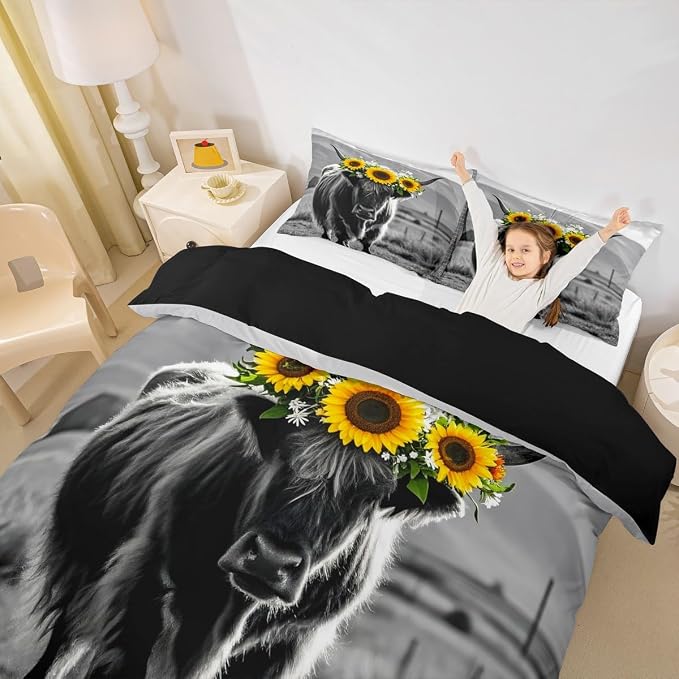 Highland Cow Bedding Set Queen Size for Adult Women Sunflower Cow Print Comforter Cover Farmhouse Wild Animal Cows with Gray Fur Duvet Cover Decor 3 Pcs Bedding ,1 Duvet Cover + 2 Pillowcases - Image 2