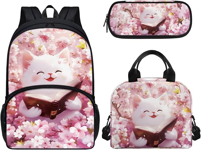 White Cat Backpack with Lunch Box Pencil Case 3 in 1, Kids School Bag Girls Book Bags Lightweight Backpacks for Travel Sports Gym by CndexdWearfunPrintjoy