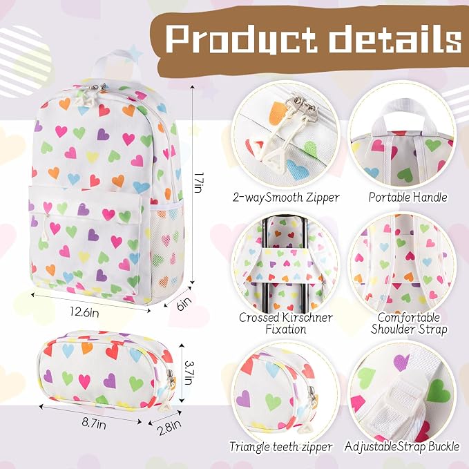 Redbaker 6 Pcs Kids Luggage Set, 17 Inch Rolling Suitcase with Backpack Lunch Bag Neck Pillow, White Love Travel Set for Summer Vacation Sleepover Back to School Gift - Image 3