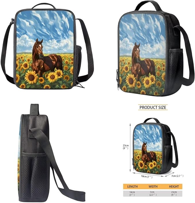 Fashion Backpack Set Sunflower Horse Print Large Capacity Schoolbag Lunch Box Pencil Case 17 Inch Travel Laptop Backpacks Lightweight Rucksack Casual Daypack for Camping - Image 4