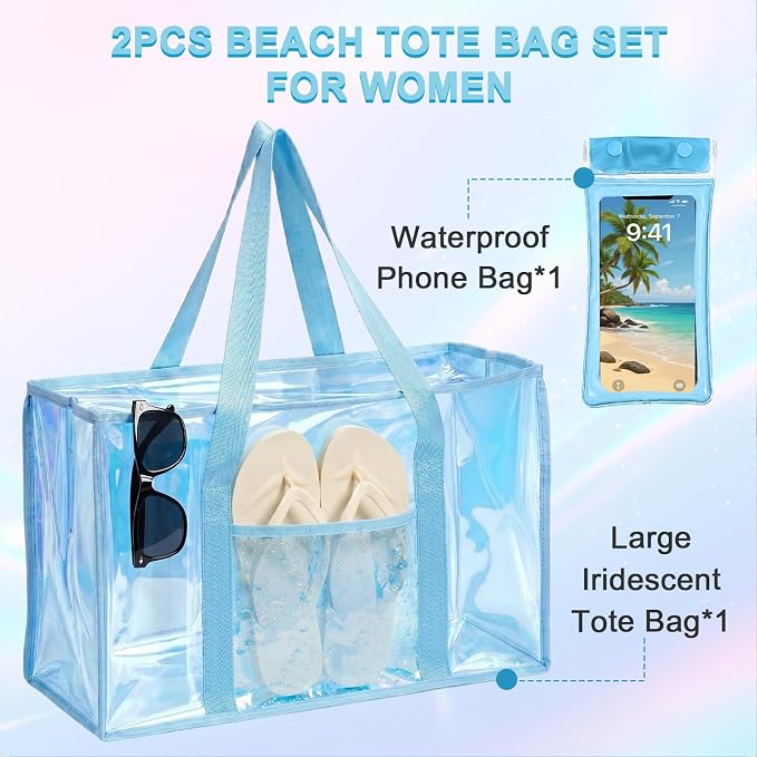 Iridescent Waterproof Beach Tote Bag for Women Large Jelly Tote Bag for Summer Travel Vacation Swim Pool - Image 3