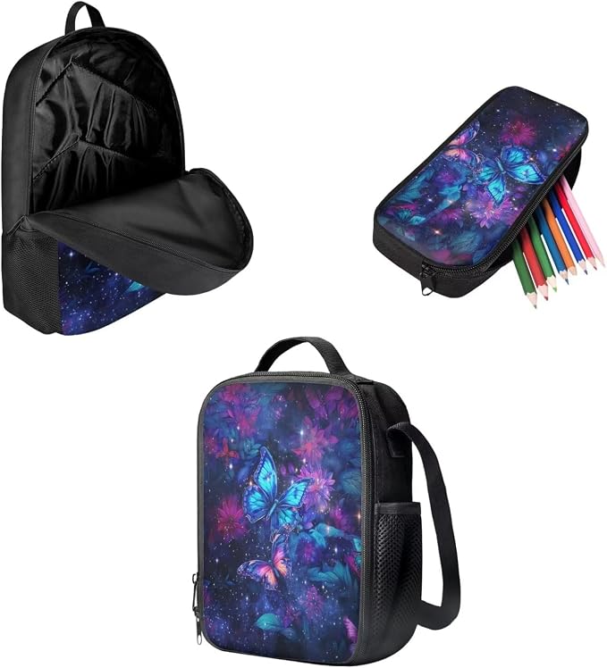 Mumeson Galaxy Butterfly School Backpack Lightweight Outdoor Casual Daily Daypack 3 in 1 Backpack Insulated Thermal Lunch Bag Tote Bag Pencil Stationery Storage Pouch Pencase - Image 2
